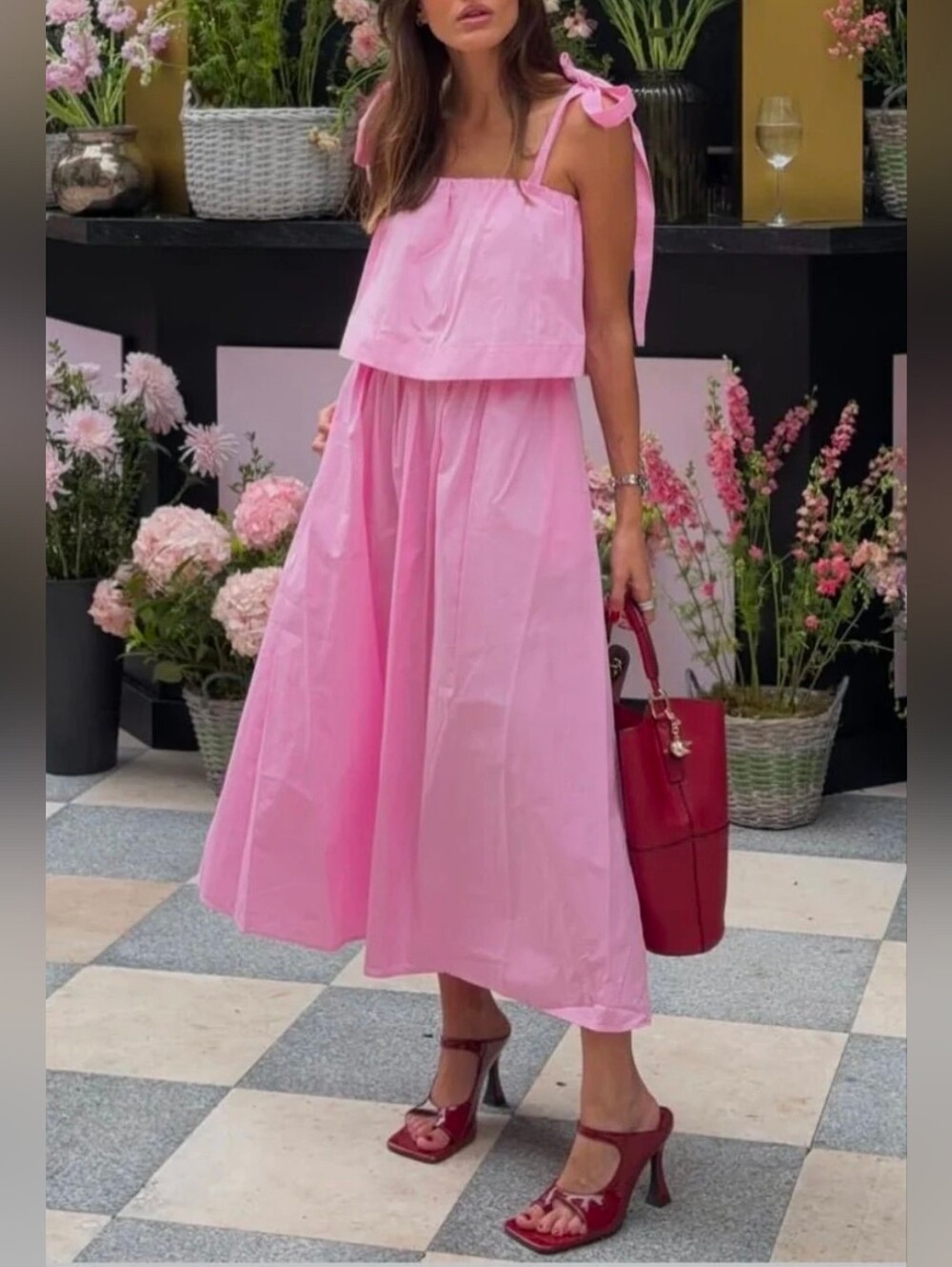 ZARA POPLIN TIE MIDI DRESS IN MID-PINK